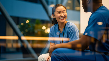 Medical professionals in blue scrubs engaged in conversation on a staircase