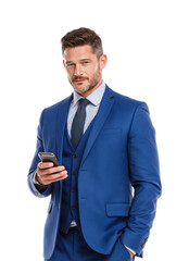 Businessman in blue suit using smartphone professional portrait corporate environment confidence, isolated on transparent background, png