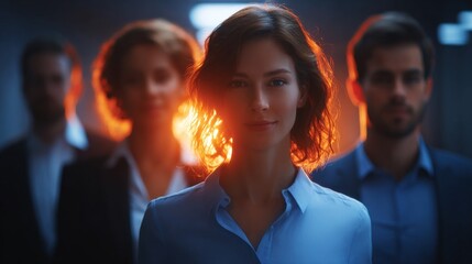 Focused businesswoman leading her professional team, exuding confidence and leadership. The warm lighting emphasizes their determined expressions