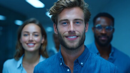 A close-up shot of a smiling man with two other people in the background, exuding confidence and approachability