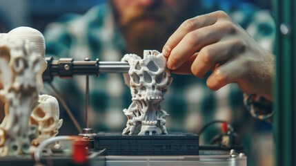 A person handles a 3D-printed skull on a machine, close up on the intricate details