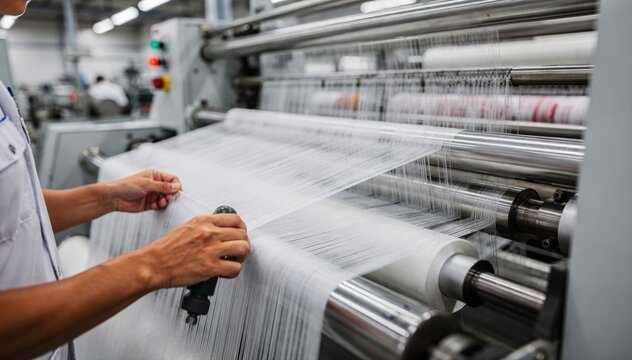 Closeup of skilled workers adjusting polyester yarns on an automated warping machine highlighting the smooth synthetic fibers and advanced textile production process.