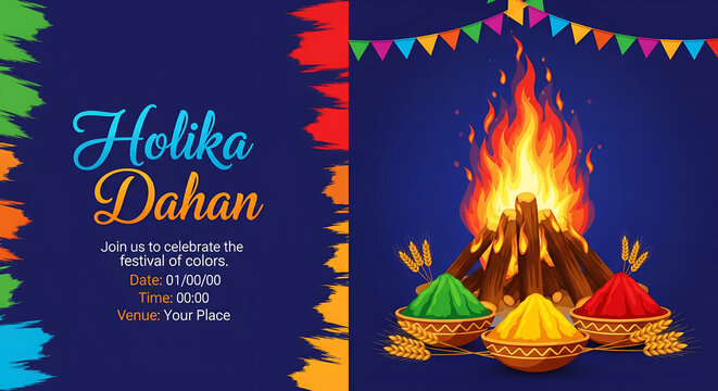 Happy Holika Dahan . Holika Dahan holi card with bonfire and wheats and buckets of colors.
