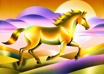 Neon Gradient Fantasy Horse Illustration with Colorful Abstract Landscape