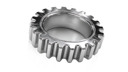 Shiny Metal Gear with Numerous Teeth and a Central Hole on a Reflective White Surface steel chrome