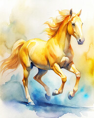 Golden Running Horse Watercolor Illustration Dynamic Artistic Style