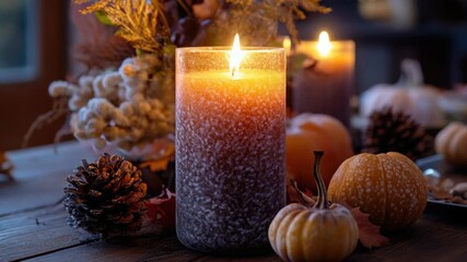 Lovely autumn themed table setting with scented candles and pumpkins, creating a warm fall atmosphere. Perfect for Thanksgiving or cozy evenings. - Powered by Adobe