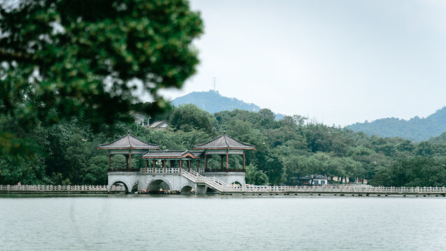 The Nine Curve Bridge, Corridor Bridge, and Landscape of Xihu Lake Pavilion in Huizhou, Guangdong Province
