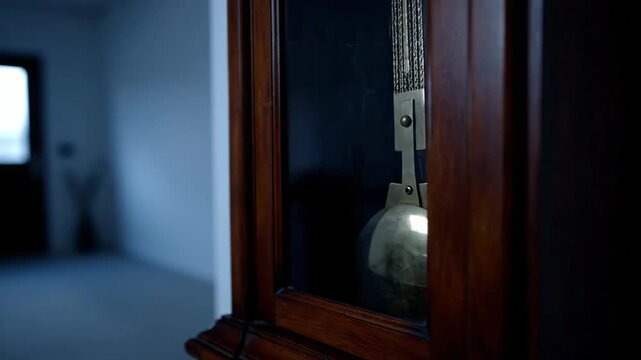 Antique wooden grandfather clock detail with pendulum swinging, indoor in a home interior. Time and old concept.