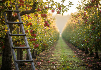 Lush apple orchard with wooden ladder amidst rows of ripe fruit trees