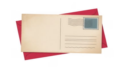 Vintage Postcard and Red Envelope mail stationery isolated on a transparent background