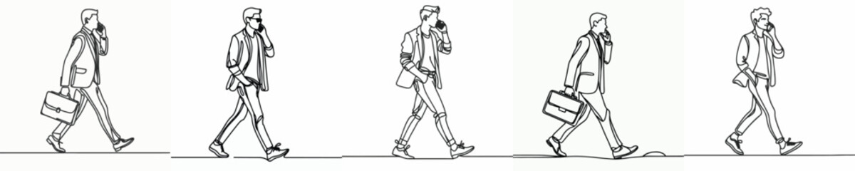 Fototapeta premium line art of a man walking while talking on the phone