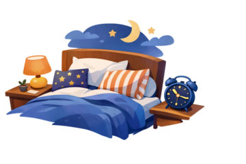 Bed with blue comforter and pillows.