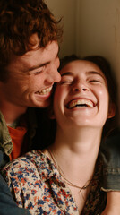  couple laughing, bright daylight, urban lifestyle fashion feel