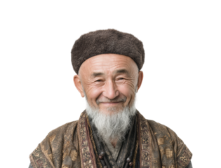 Cultural portrait of an elderly man central asia heritage representation, isolated on transparent background, png