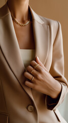 Close-up of female hands, simple gold ring and bracelet, neutral blazer sleeve, warm soft lighting