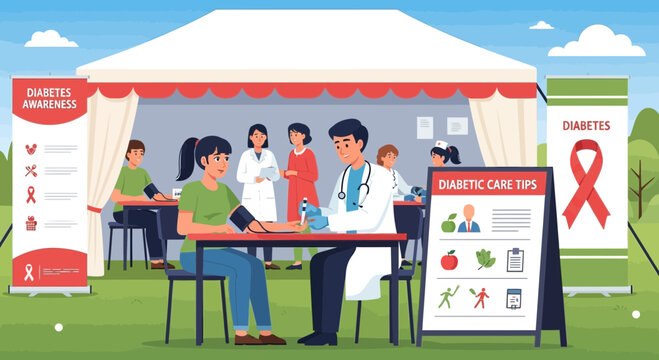 Diabetes Awareness Event Doctor Checking Patients Blood Pressure at Outdoor Clinic.