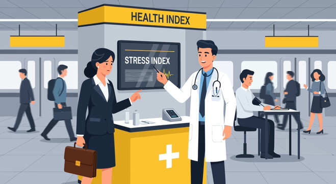 Doctor Explaining Stress Index to Businesswoman at Health Kiosk.