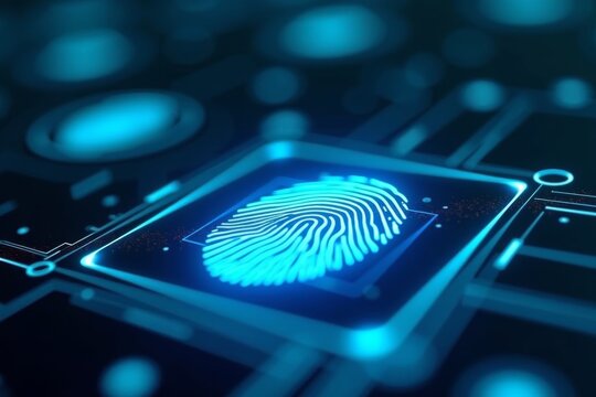 Glowing digital fingerprint scanner on glass interface for biometric security concept - Powered by Adobe