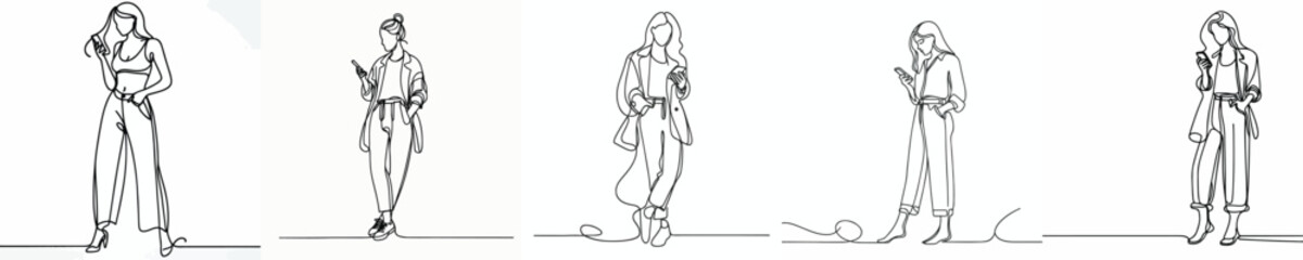 line art of a woman standing scrolling social media