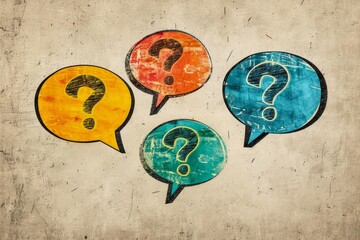Colorful question marks inside speech bubbles represent multiple questions being asked on a textured background