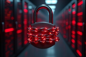Metal padlock wrapped in glowing red digital chains symbolizing ransomware attack