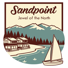 Sandpoint Jewel of the North Lakeside Houses Vintage Poster Illustration