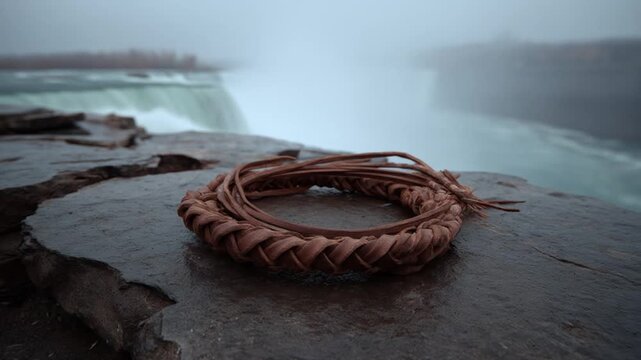 A braided leather cord lies on a wet rock, overlooking a foggy waterfall