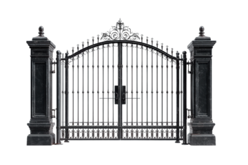 Ornate Black Wrought Iron Gate with Pillars