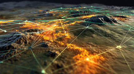 Smart grid energy map, digital lines and glowing nodes across terrain. Modern creative telecommunication and internet network connect in smart city. Concept of 5G wireless digital