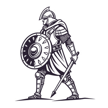 Warrior in metal armor holding round shield and spear 1