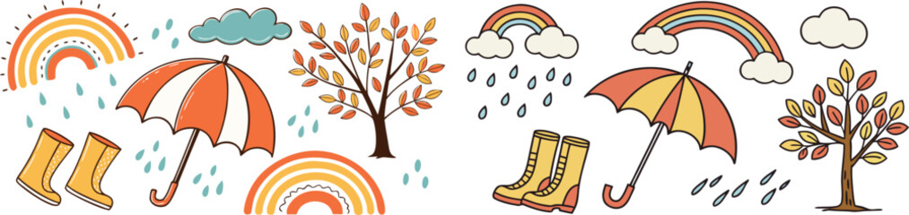 Fototapeta premium Hand-drawn vector illustration of autumn rain, umbrellas, boots, and rainbows for a cheerful, seasonal theme