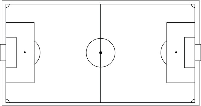 Top-down vector blueprint of a soccer field featuring penalty boxes, goals, center circle, and corner kick arcs.