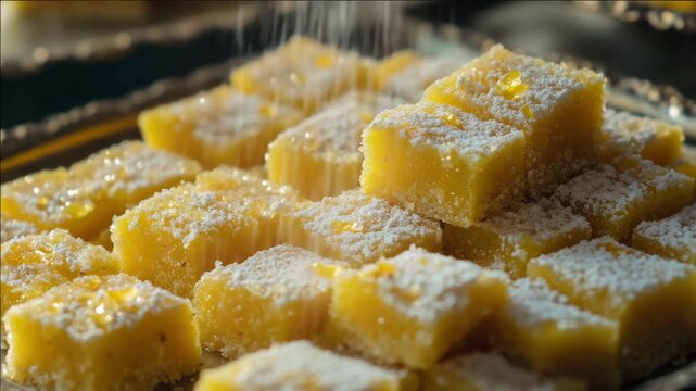 A batch of homemade yellow candy dessert treats with a light sugar dusting, freshly baked and ready for consumption.