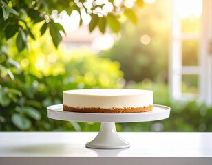 A Delicious White Cheesecake on a White Cake Stand Outdoors on a Sunny Day with Green Foliage Background