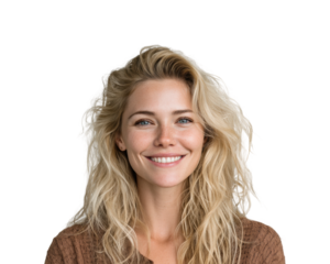 Smiling woman portrait in lifestyle bright natural light positive vibes, isolated on transparent background, png