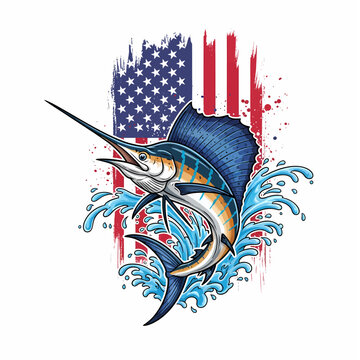 american flag sailfish jumping out of water with blue ocean splash vector illustration