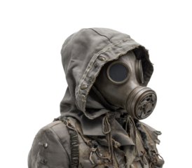 Surreal figure wearing gas mask abandoned urban portrait dystopian atmosphere view, isolated on transparent background, png