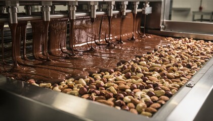 Medium shot of nuts being coated under a rich chocolate curtain on a conveyor belt in a confectionery factory highlighting texture and glossy finish.