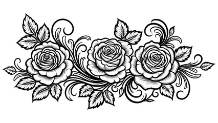 Elegant black and white floral illustration with roses and leaves.