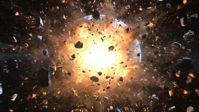 The burning planet earth explodes into fragments in outer space, a catastrophic event unfolding rapidly