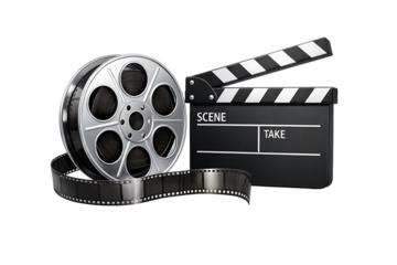 A detailed depiction of a film reel paired with a classic black clapperboard ideal for creative projects on transparent background
