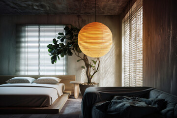 Obraz premium Dormitorio moderno con cama de madera y lámpara esférica, Imagen para marca de interiorismo minimalista, Habitación con estilo para revista de decoración, habitación brutalista
