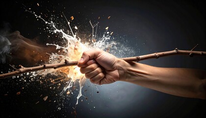 Powerful Fist Crushing Dry Twig With Explosive Debris Flying Against Dark Moody Background Dramatic Action Scene