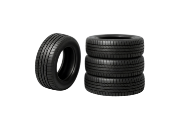 Stacked and single black car tires on transparent background high quality professional detailed modern elegant stylish clean crisp vibrant colorful digital