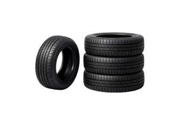 A realistic depiction of four car tires stacked together with one tire separate ideal for automotive visuals on transparent background