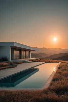 Casa moderna con piscina infinita y vistas a la monta&ntilde;a al atardecer, Est&eacute;tica de vida slow con piscina y atardecer dorado, Imagen para editorial de arquitectura minimalista y sostenible