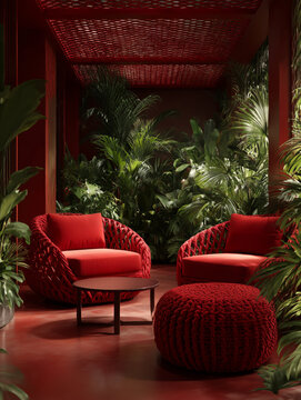 Sala de estar roja con plantas y cojines trenzados, Dos sillones rojos de dise&ntilde;o y un puf en un ambiente ex&oacute;tico, Espacio chill out para editorial de dise&ntilde;o y arquitectura