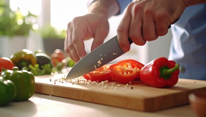 Close Up of Person Chopping Fresh Red Tomatoes and Green Bell Peppers on a Wooden Cutting Board in a Bright Kitchen