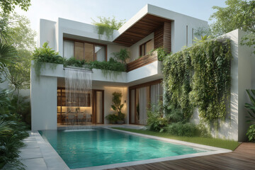 Fototapeta premium Villa moderna con piscina y cascada en jardín tropical, Casa de diseño con vegetación exuberante y detalles en madera, Imagen para inmobiliaria de lujo, arquitectura contemporánea